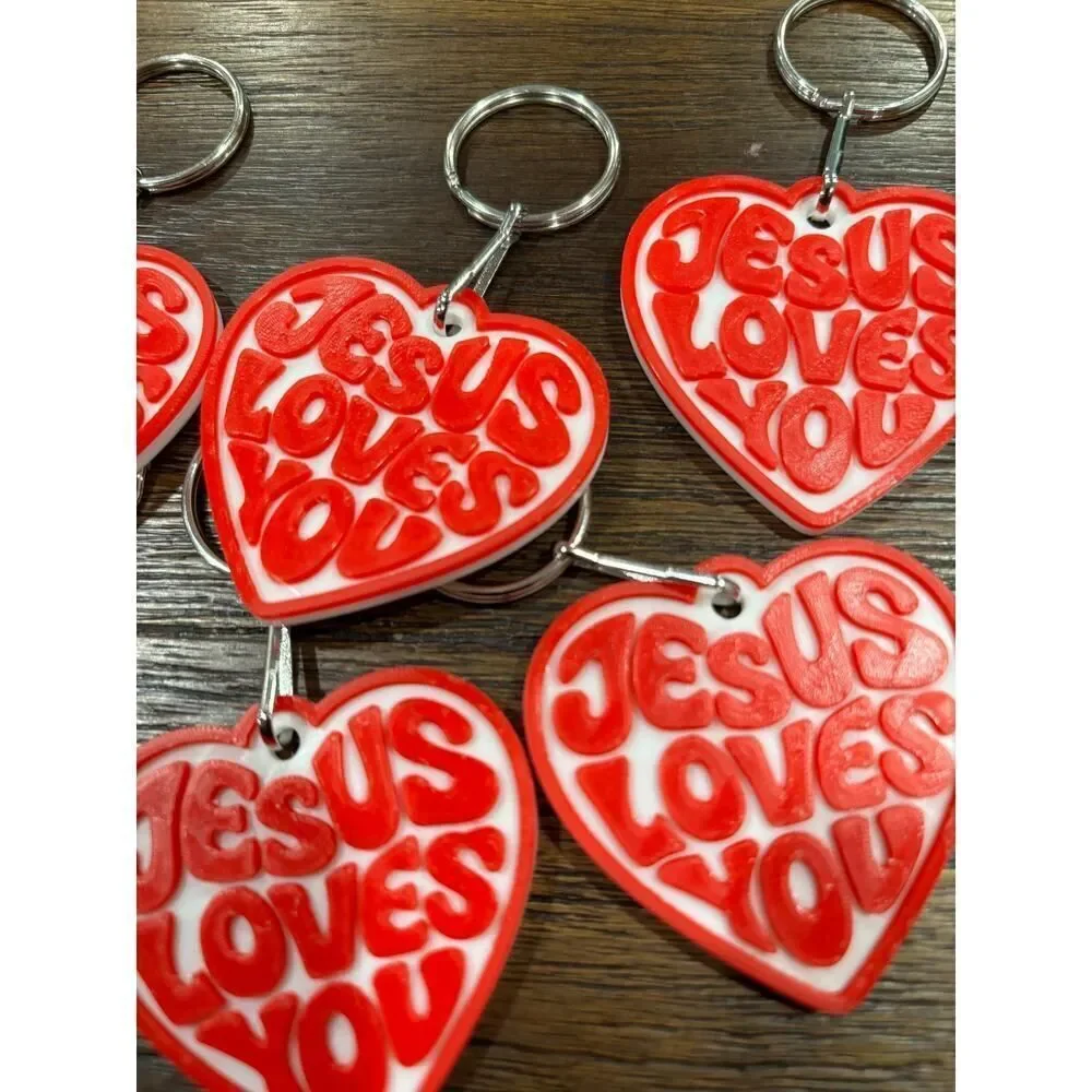 Jesus Loves You Heart Keychain | Red White Retro Christian Faith Gift (10 Pack)